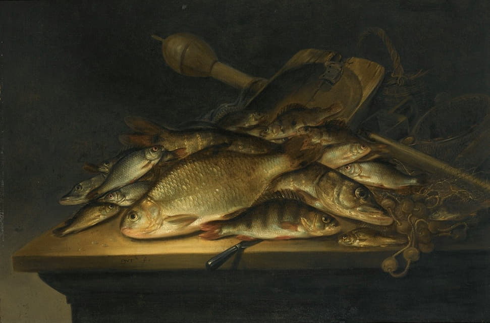 Pieter de Putter - Still Life With Fish, Nets, Fishing Equipment And A Knife On A Table