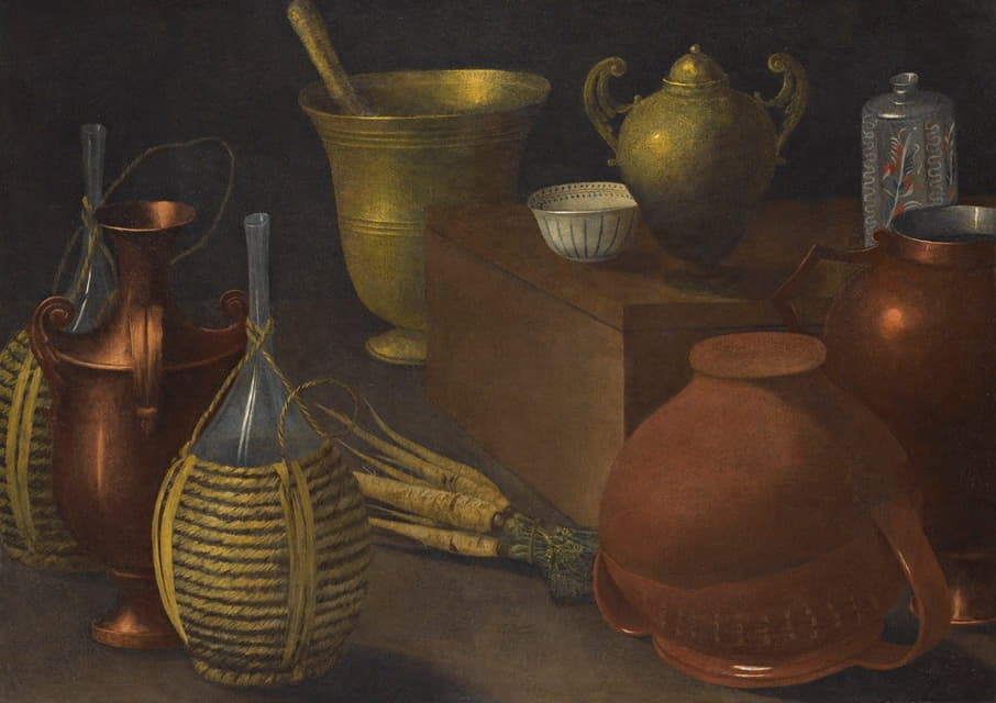Pittore di Rodolfo Lodi - A Still Life With Two Wicker Covered Glass Bottles, An Upturned Terracotta Pot, A Selection Of Other Vessels And A Bunch Of Carrots.