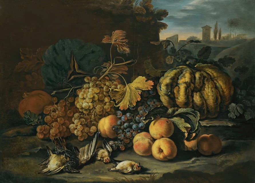 Roman School - A Still Life With Melons, Apples, Black And Green Grapes, A Pomegranate And Birds On A Forest Floor, A Landscape Beyond With A Town On The Horizon