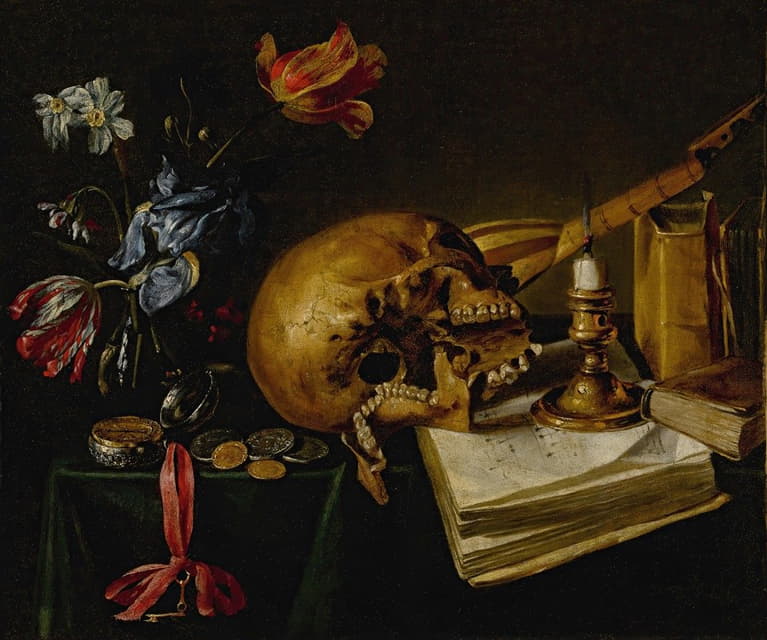 桌子上摆着一个骷髅、一本音乐书、一支熄灭的蜡烛、一束即将凋谢的鲜花和其他瓦尼塔斯风格的物品