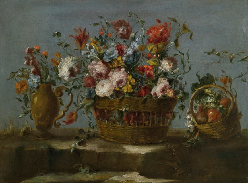 The Pseudo-Guardi - Still Life Of A Basket Of Flowers On A Rock Ledge,