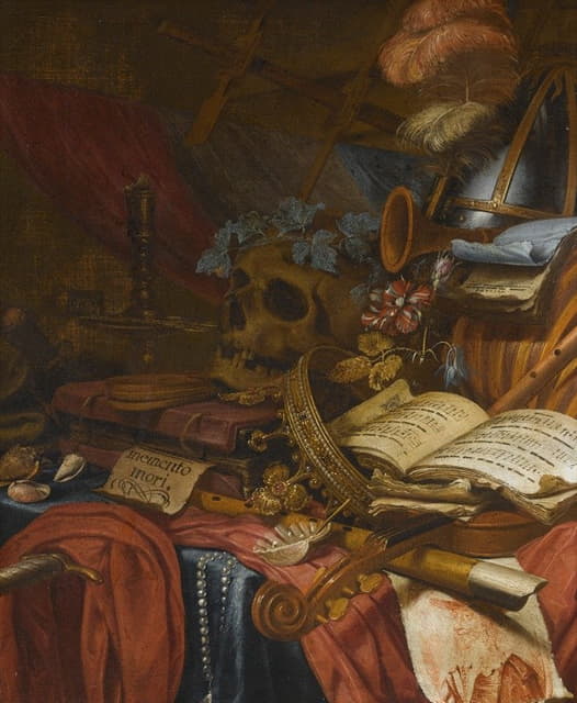 瓦尼塔斯的静物画，有长笛、头骨、乐谱、金王冠、匕首、贝壳和其他物品，全部摆放在一张半遮半掩的桌子上