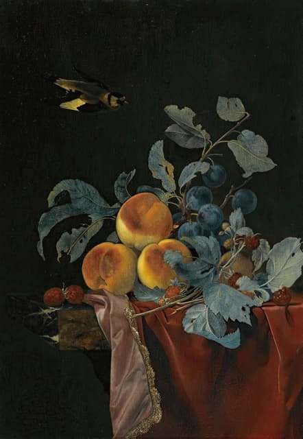 Willem van Aelst - A Still Life With Peaches, Raspberries And Damsons On A Partially Covered Marble Ledge, A Bird Flying Above