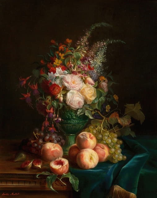 Aurelie Leontine Malbet - Still life with flowers and peaches