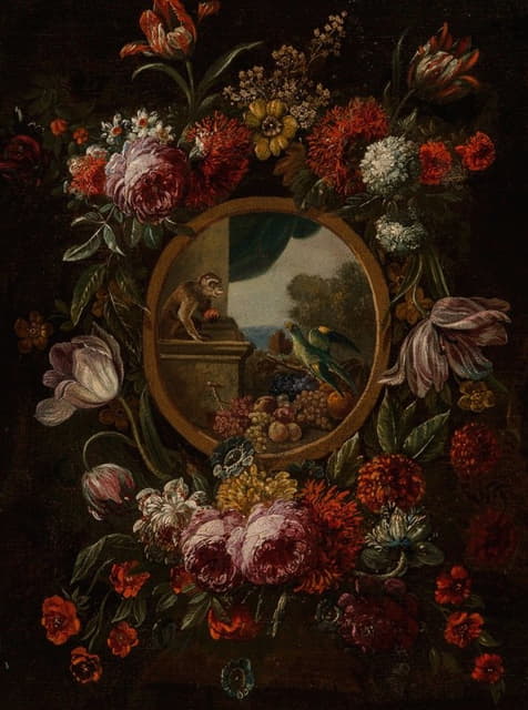 Circle of Karel van Vogelaer - A garland of flowers encircling a tondo with fruit, monkey and parrot