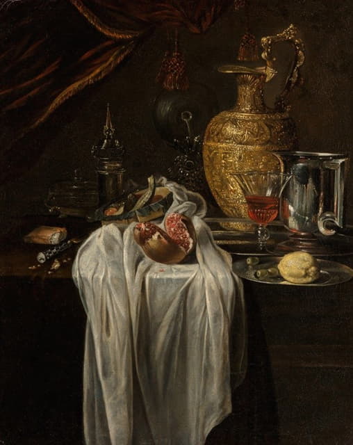 Circle of Willem Kalf - Still life with ewer, vessels, lemon, marzipan and pomegranate