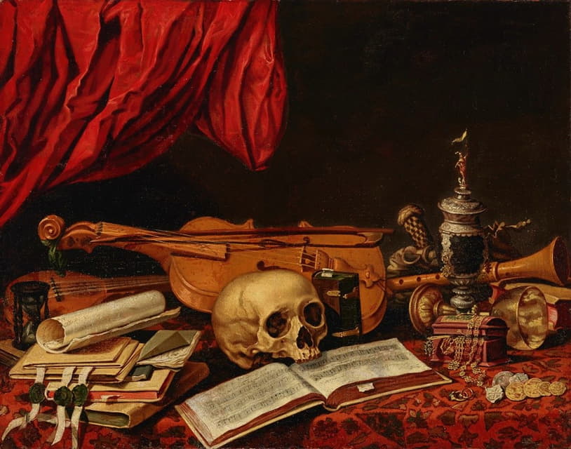 乐器、书籍、沙漏、水壶和桌子上的头骨——瓦尼塔斯