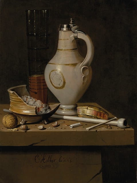 Edwaert Collier - A toebakje still life of smoking utensils, a jug and a tall glass partly filled with beer