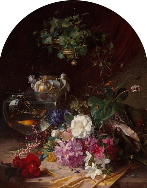 有花的静物画，一个瓷瓶和一个金鱼缸