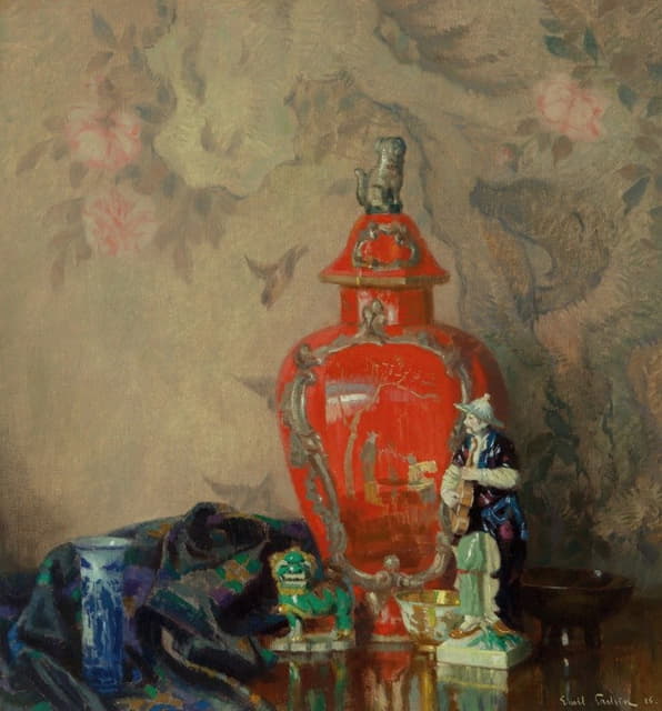 Emil Carlsen - Still Life with Red Urn and Asian Figurines