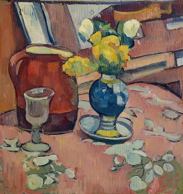 Emile Bernard - Nature morte (Vase de fleurs, pichet et verre)