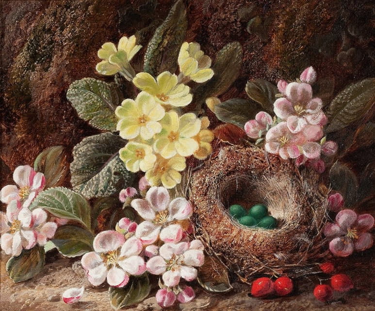 苹果花、报春花和鸟巢的静物画
