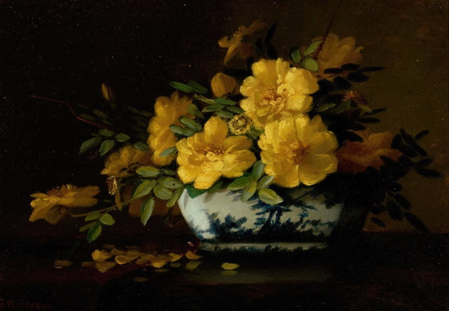 东方花瓶中黄玫瑰的静物画