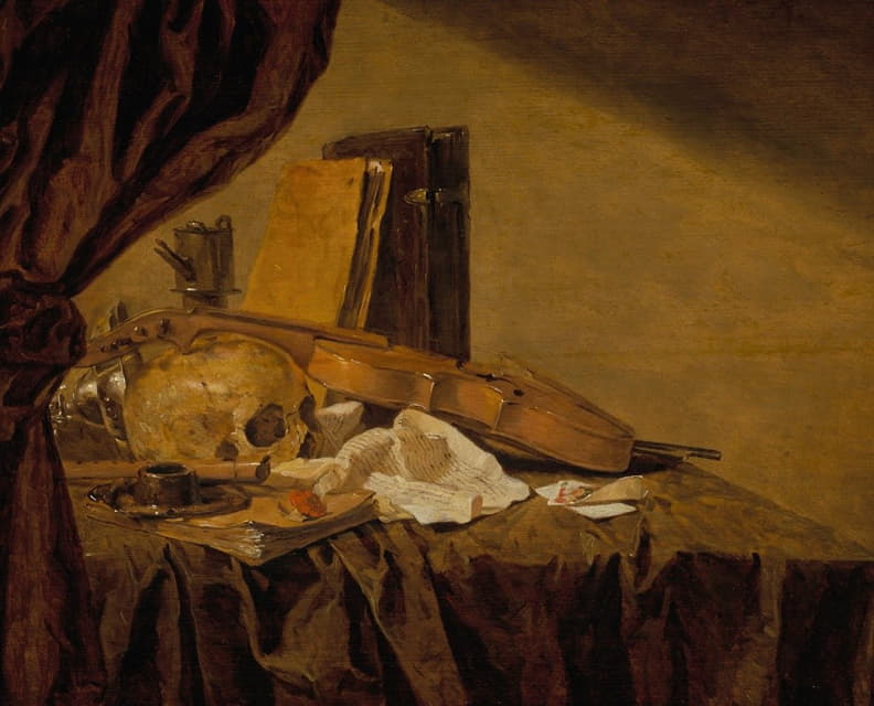 瓦尼塔斯的静物画有头骨、乐器、书籍、扑克牌、一个墨水罐、一个翻倒的塔扎和一盏油灯