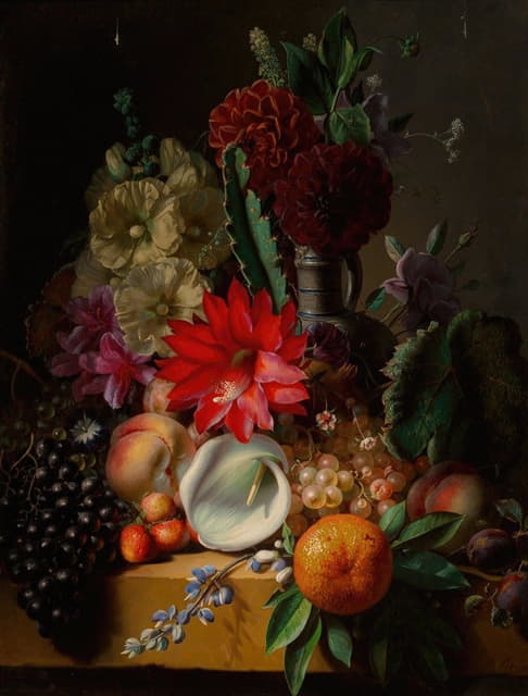 Jean-Baptiste Robie - Still life with flowers and fruit on a ledge