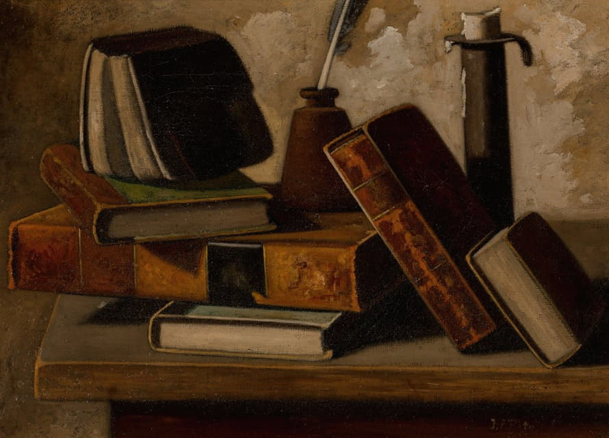 John Frederick Peto - Still Life with Books, Inkpot, and Candlestick