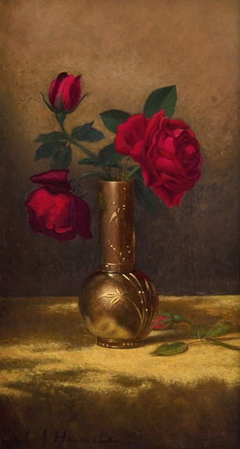 Martin Johnson Heade - Red Roses in a Japanese Vase on a Gold Velvet Cloth