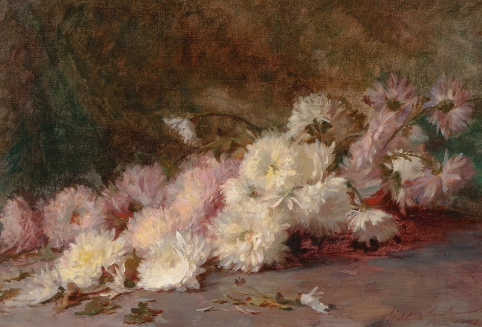 粉色和白色菊花的静物画