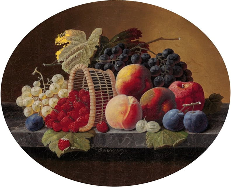 桃子、葡萄和一篮草莓的静物画