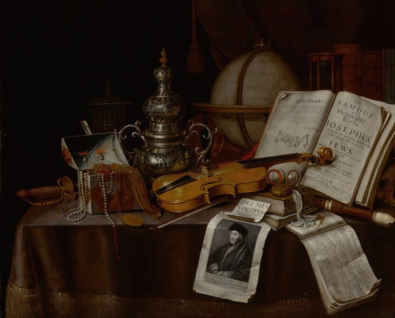 瓦尼塔斯的静物画有小提琴、银香炉、地球仪、宝剑、珠宝盒和手稿