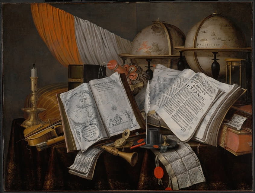 Edwaert Collier - A Vanitas Still Life with a Flag, Candlestick, Musical Instruments, Books, Writing Paraphernalia, Globes and Hourglass