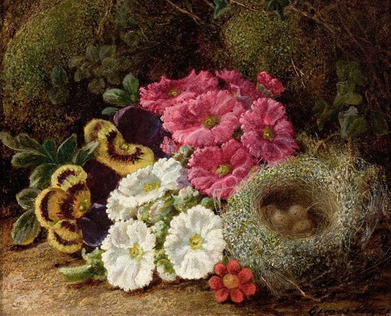 George Clare - Primulas and a Bird’s Nest on a Mossy Bank