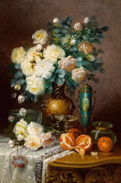 Max Carlier - White Roses, Oranges, and Porcelain Urn on Draped Table