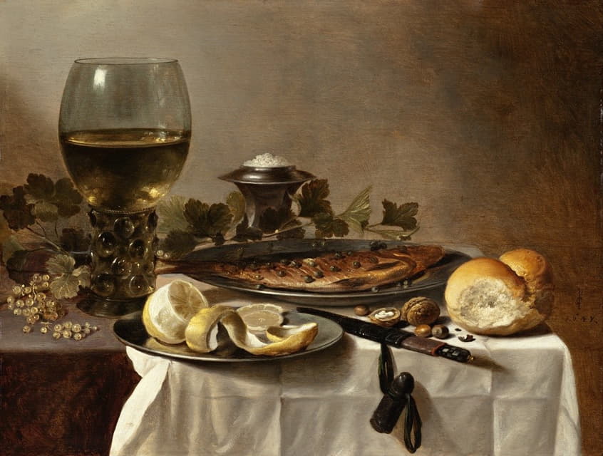 鲱鱼、葡萄酒和面包的静物画