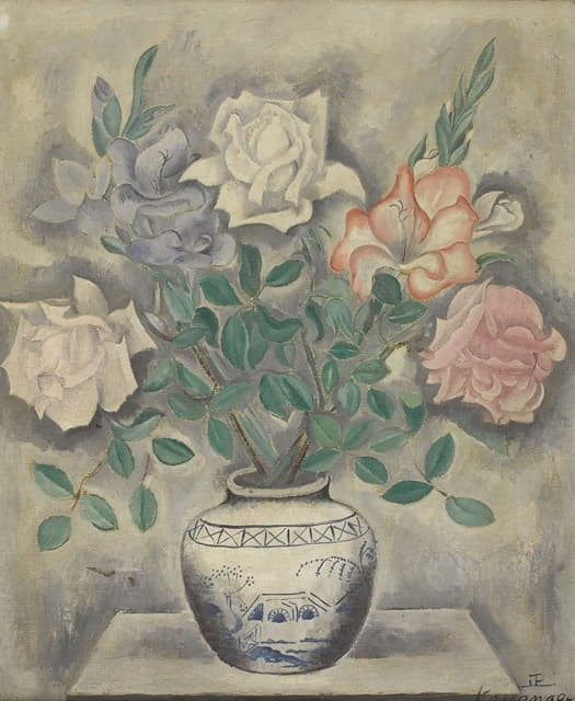 戴尔夫特罐子里放着玫瑰的静物画