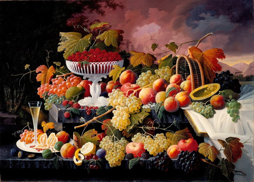 Severin Roesen - Fruit Still Life in a Landscape