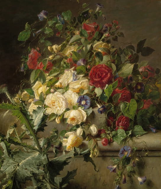 Adriana Johanna Haanen - Bloeiende rozen over een oude balustrade