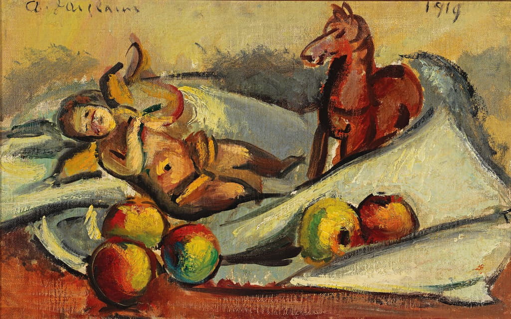 苹果、putto和马的静物画
