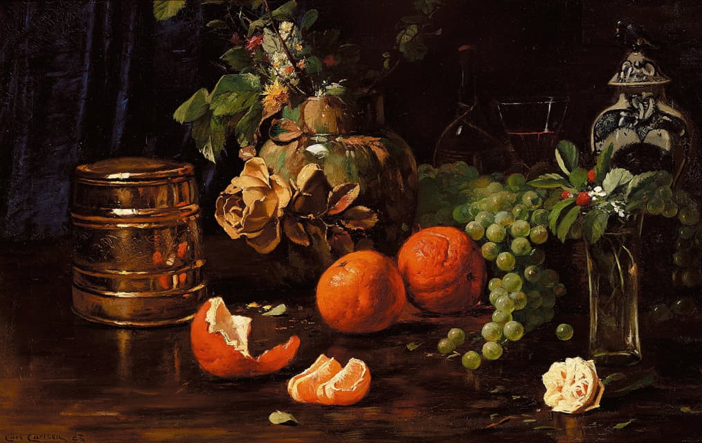 橘子、葡萄、花和各种花盆的摆放