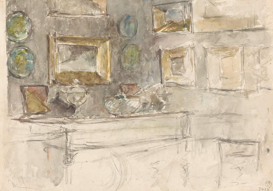 David Oyens - Hoek van een kamer met schilderijen aan de muur