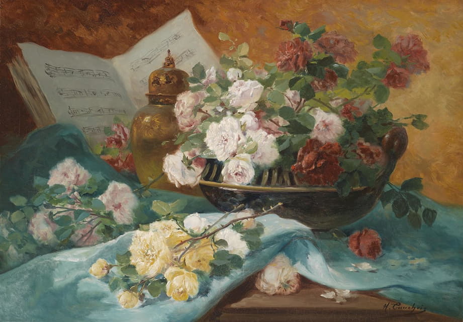 Eugène Henri Cauchois - Stillleben mit Rosen in einer Schale