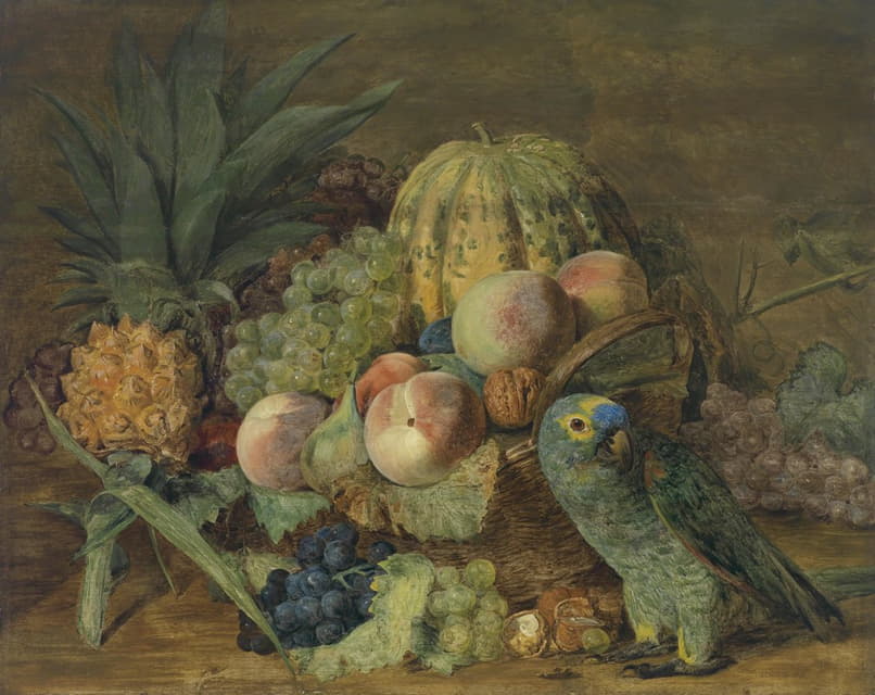 Ferdinand Georg Waldmüller - Früchtestillleben mit Papagei