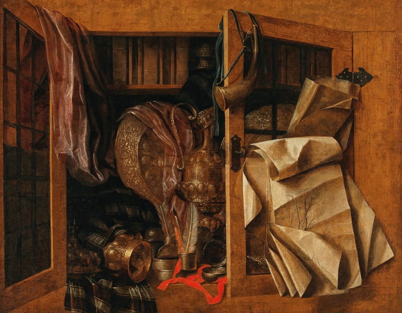 Franciscus Gijsbrechts - A trompe-l’oeil still life of a cupboard with books, gilded vessels, a hunting horn and drawings