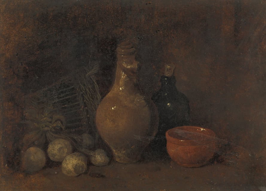 François Bonvin - Stilleven met vier vruchten, glas en aardewerk