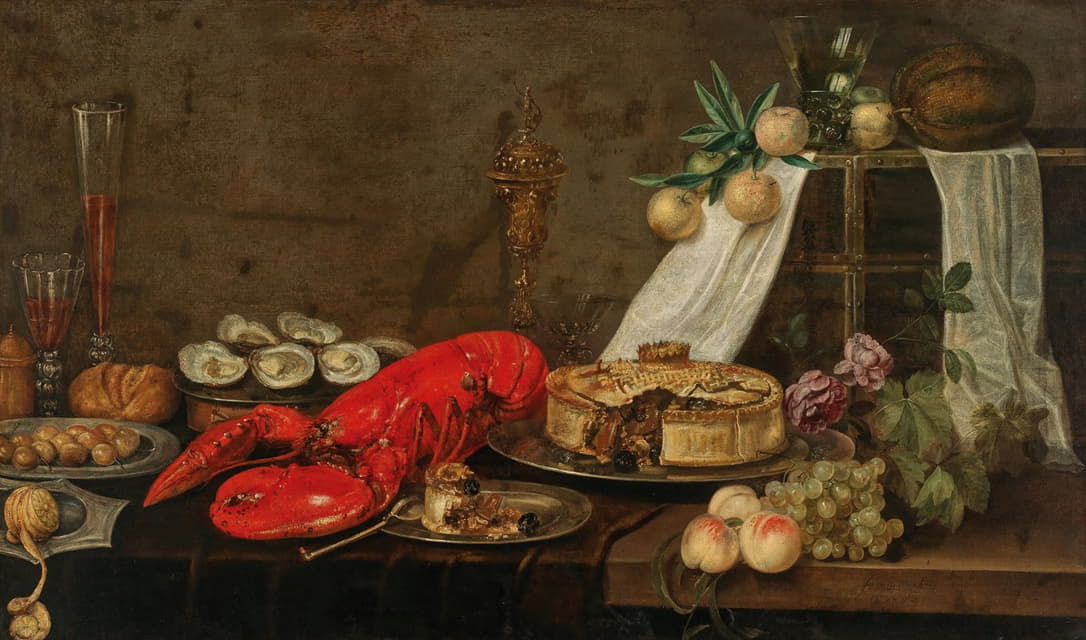 Frans Ykens - A lobster, oysters, pastry, mixed fruit and filled wine glasses on a partially draped table