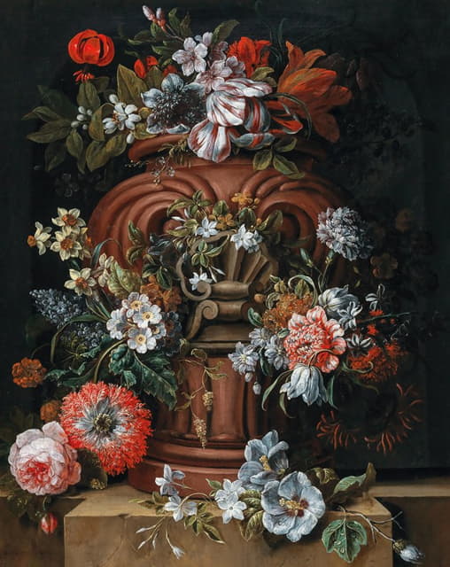 Gaspar Peeter Verbruggen the Younger - Flowers in a sculpted urn on a stone ledge