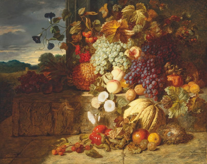 George Lance - Grapes, peaches, a melon and other fruit on a stone frieze with a bird’s nest