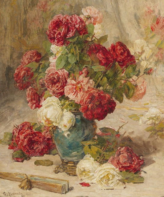 Georges Jeannin - A still life with roses in a vase and a fan