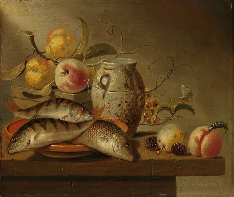 陶罐、鱼和水果的静物画