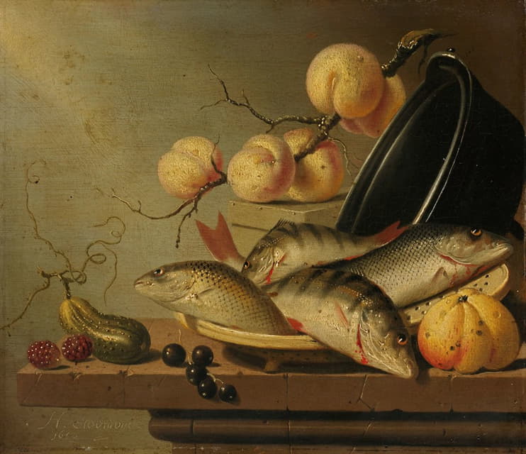鱼和水果的静物画
