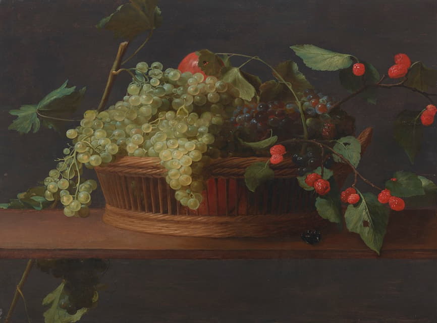 Jacob Fopsen van Es - A basket of grapes and raspberries on a ledge oil on panel