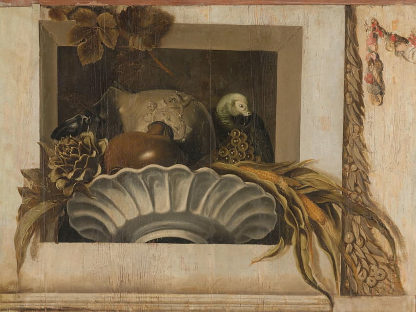 一碗玉米、洋蓟、葡萄和一只鹦鹉的静物画