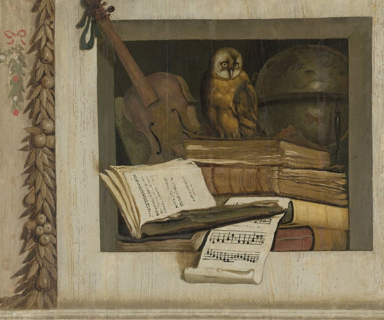 书、乐谱、小提琴、天球和猫头鹰的静物画