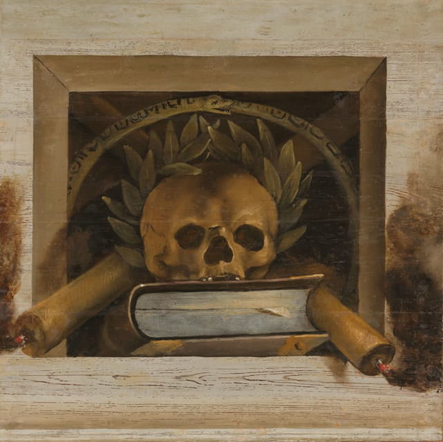 瓦尼塔斯的静物画是用带有月桂花环、书和两支燃烧着的蜡烛的双桨画的