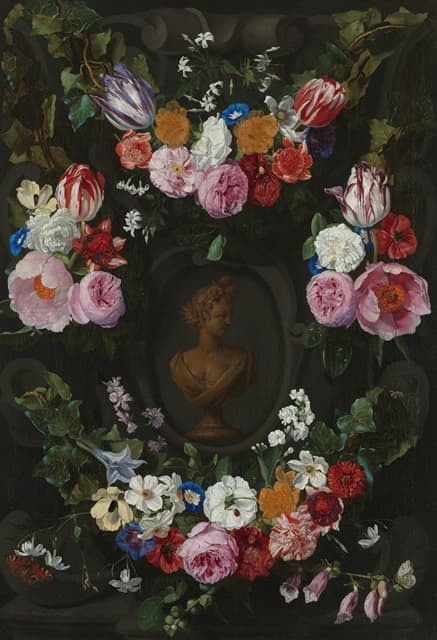 Jan Philip van Thielen - Cartouche Decorated with Swags and Sprays of Flowers