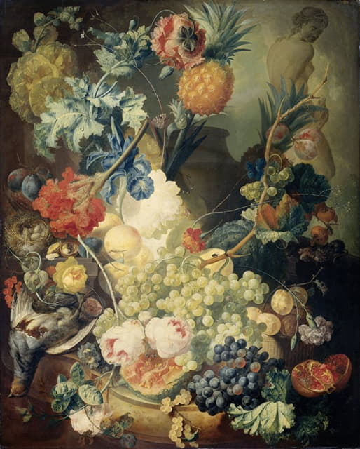 Jan Van Os - Still Life with Flowers, Fruit and Birds